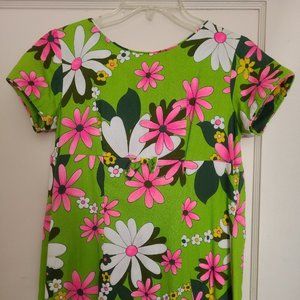 Vtg 70s The Sample Shop Hawaiian Barkcloth Maxi Dress Vibrant Green Pink Retro
